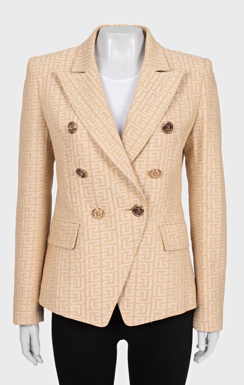 NWOT Balmain Beige Signature Print Fitted Jacket Sz.42